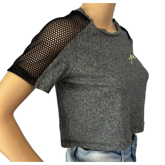 2/$15 Pink Victoria's Secret Fishnet Shoulder Crop Top Gray Short Sleeve Size XS - Picture 9 of 12